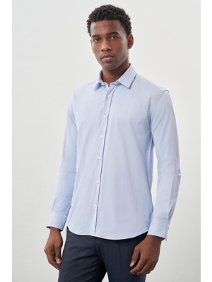 İmza Mavi Uzun Kollu Sert Yaka Cepsiz Pamuklu Likralı Klasik Slim Fit Dar Kesim Gömlek 1004245234
