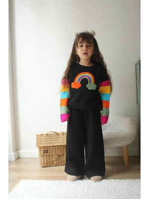 Kız Çocuk Siyah Renk Yumuşacık Sıcacık 3 Iplik Polarlı Nakış Işlemeli  Sweatshirt Eşofman Alt Üst Takım