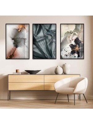 KOLAJ ÇİZİM 3'LÜ METAL ÇERÇEVELİ CAM TABLO SETİ