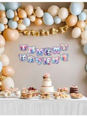 Sevimli Kelebek Temalı Doğumgünü Banner Flama 12 Parça Parti Süsü Doğum Günü Süsü Kalın Karton Ipli