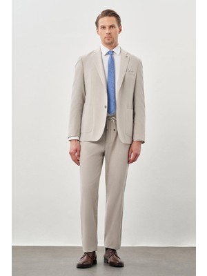 İmza Açık Bej Desenli Gofreli Mono Yaka Malzemesiz Beli Lastikli Esnek 6 Drop Slim Fit Casual Takım Elbise 1001245270