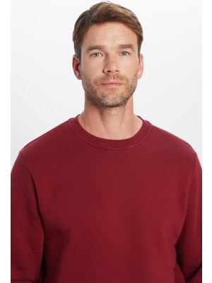 Unisex Oversize Geniş Kesim Pamuklu Yumuşak Dokulu Içi Polarlı Basic Bordo Bisiklet Yaka Sweatshirt