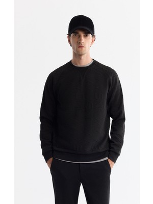 AVVA Erkek Siyah Bisiklet Yaka Baskılı Sweatshirt A42Y1335