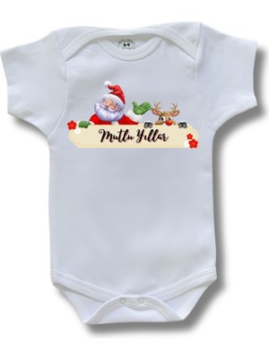 Betül Bebek Kısa Kollu Yılbaşı  Baskılı Organik Pamuk Çıtçıtlı Yeni Yıl Bebek Body&zıbın