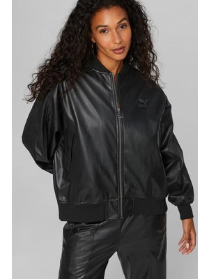 Puma Women’s T7 Faux Leather Bomber Jacket Black Kadın Rahat Kesim Suni Deri Bomber Ceket Siyah