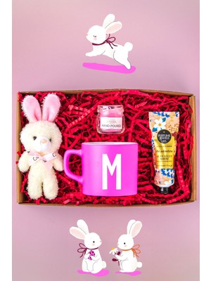 Kişiye Özel Hediye Seti- Peluş Tavşan Anahtarlık - Pembe Çay-Kahve Fincanı - Mini Cam Mum Pembe - Eyüp Sabri Tuncer El Kremi - Özel Tasarım Hediye Kutusu