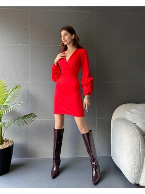 Markahit Defile Kruvaze Yaka Balon Kol Elbise