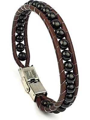 Ose Shop Oniks taşlı deri detaylı erkek bileklik