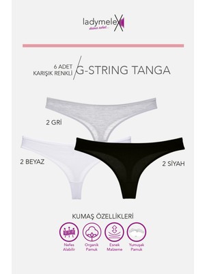 LadyMelex Tanga, Klasik Tanga, Siyah - Beyaz - Gri, 6 Adet Klasik Tanga