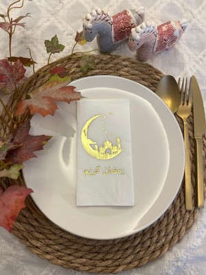 Kidspartim Gold Yaldızlı Beyaz Ay Desenli Arapça Ramadan Kerim Garson Katlama Peçete 16'lı