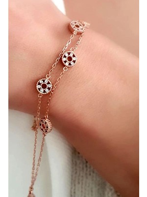 Ose Shop Zirkon taşlı gümüş italyan cift zincirli bileklik