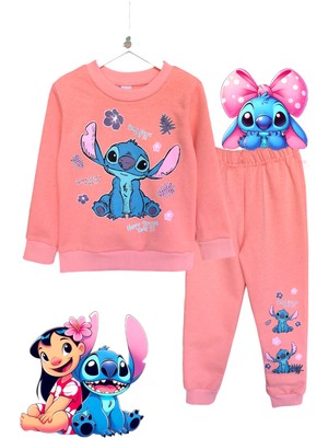 Little Tortoise Kız Çocuk Stitch Baskılı Şardonlu Bisiklet Yaka Uzun Kollu Sweatshirt Eşofman Takımı