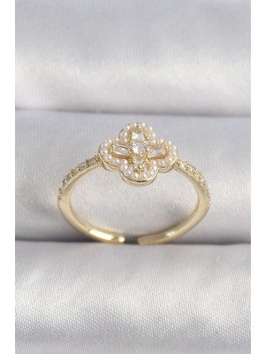 Stillove Pirinç Gold Renk Zirkon Taşlı Yonca Model Inci Detay Kadın Yüzük