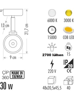 Cata CT-5314G 30W Karina LED Armatür Gün Işığı Beyaz Işık 3200K Ev Ofis Siyah Kasa Ray Spot Aydınlatma Lamba