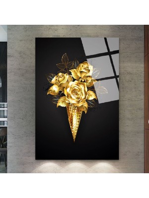 Zevahir Mobilya Dekorasyon Kırılmaz Cam Altın Çiçek Tablo