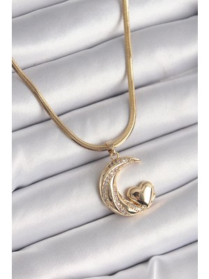 Callerrons Accessories Gold Renk Çelik Italyan Zincir Zirkon Taşlı Halil Figür Kalp Detay Kadın Kolye - EBJ241214W29945