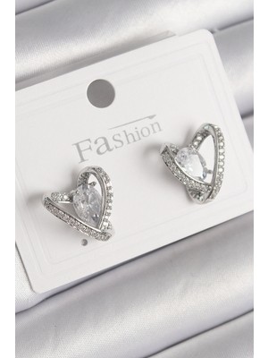 Callerrons Accessories Gümüş Renk Zirkon Taşlı Kalp Model Kadın Küpe - EBJ241214W29884