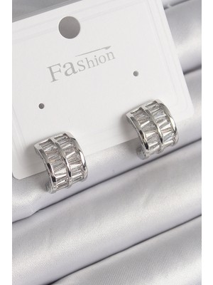 Callerrons Accessories Gümüş Renk Çift Sıra Zirkon Taşlı Kadın Küpe - EBJ241214W29880