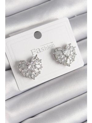 Callerrons Accessories Gümüş Renk Zirkon Taşlı Kalp Model Kadın Küpe - EBJ241214W29874