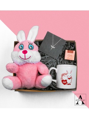 Pembe Tavşan - Melek Model Kolye - Özel Tasarım Baskılı Kupa - African Rooibos Tea Hediye Seti