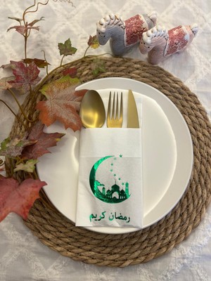 Yeşil Yaldızlı Beyaz Arapça Ay Desenli Ramadan Kerim Cepli Peçete 12 Lı 40X40