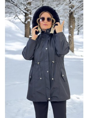 Yağmur Beren Yagmur Beren Çıkartılabilir Kapüşonlu Cepli Içi Komple Peluş Büyük Beden Bonded Kumaş Kışlık Mont