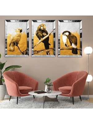 Zevahir Mobilya Dekorasyon Papağan Soyut Desen Gold Pleksi Kenar 3'lü Mdf Tablo ve Saat Kombin