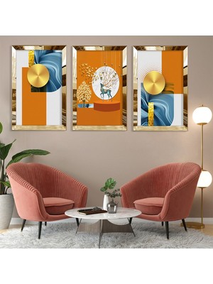 Zevahir Mobilya Dekorasyon Soyut Desen Gold Pleksi Kenar 3'lü Mdf Tablo