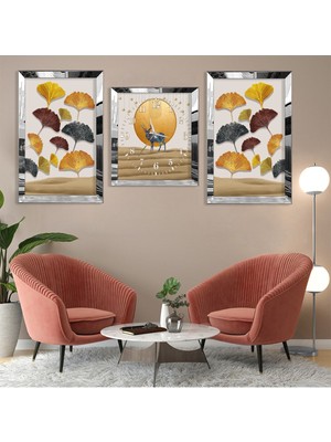 Zevahir Mobilya Dekorasyon Geyik Soyut Desen Gümüş Pleksi Kenar 3'lü Mdf Tablo