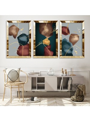 Zevahir Mobilya Dekorasyon Soyut Desen Gold Pleksi Kenar 3'lü Mdf Tablo