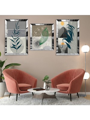 Zevahir Mobilya Dekorasyon Minimalist Çiçek Soyut Desen Gümüş Pleksi Kenar 3'lü Mdf Tablo