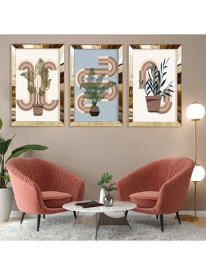Minimalist Çiçek Soyut Desen Gümüş Pleksi Kenar 3'lü Mdf Tablo