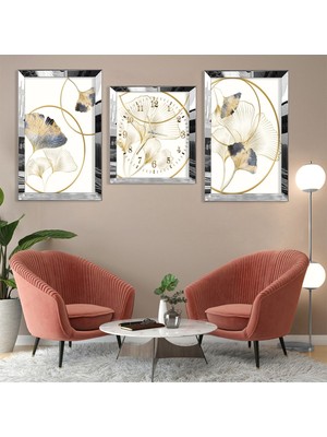 Zevahir Mobilya Dekorasyon Minimalist Çiçek Soyut Desen Gümüş Pleksi Kenar 3'lü Mdf Tablo