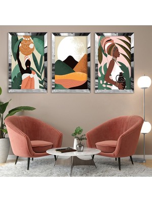 Zevahir Mobilya Dekorasyon Soyut Desen Gümüş Pleksi Kenar 3'lü Mdf Tablo ve Saat Kombin