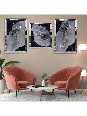 Mor Bitki Soyut Desen Gold Pleksi Kenar 3'lü Mdf Tablo