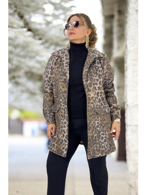 Leopar Desenli Ithal Yün Kumaş Astarlı Büyük Beden Kaşe Ceket