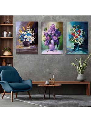 Üçlü Mdf Renkli Vazo Çiçek Tablo Seti