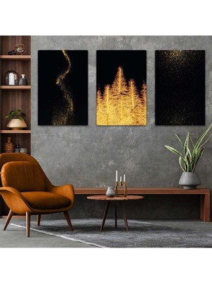 Altın Sarı Ağaçlar 3'lü Mdf Tablo Set