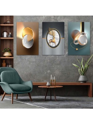 Minimalist Soyut Desen 3'lü Mdf Tablo Set