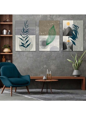 Üçlü Mdf Minimalist Soyut Çizgili Yaprak Desen Tablo Seti