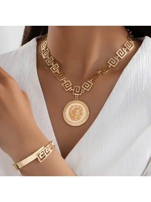 SE Jewellery Gold Kadın Aslan Kafası Motifli Kolye Kelepçe Set