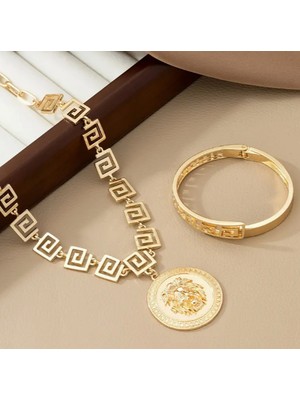 SE Jewellery Gold Kadın Aslan Kafası Motifli Kolye Kelepçe Set