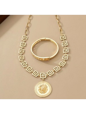 SE Jewellery Gold Kadın Aslan Kafası Motifli Kolye Kelepçe Set