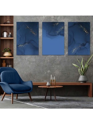 Mavi Soyut Desen 3'lü Mdf Tablo Set
