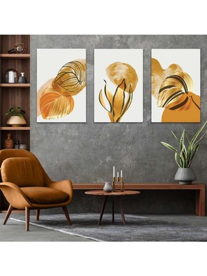 Soyut Desen Bitki 3'lü Mdf Tablo Set