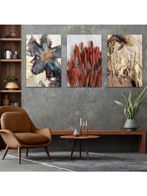 Kolaj Çizim Çiçek 3'lü Mdf Tablo Set