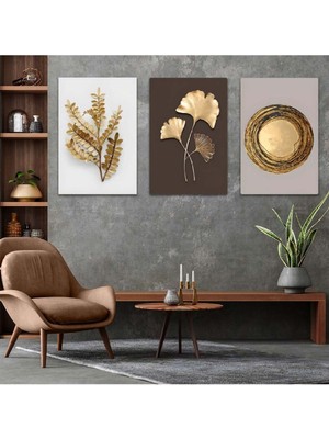 Üçlü Mdf Modern Çizim Altın Yaprak Tablo Seti