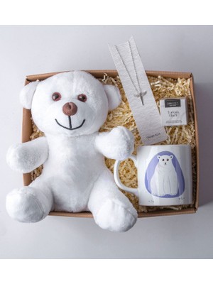 Peluş Beyaz Ayıcık - Özel Tasarım Baskılı Kupa - Turkish Black Tea - Melek Model Kolye Hediye Seti