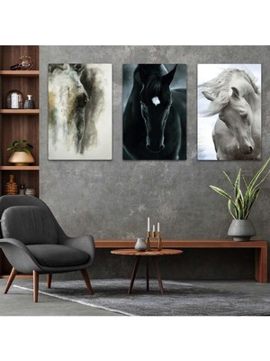 Siyah Beyaz At 3'lü Mdf Tablo Set