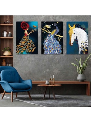 Hayvan Figürlü 3'lü Mdf Tablo Set